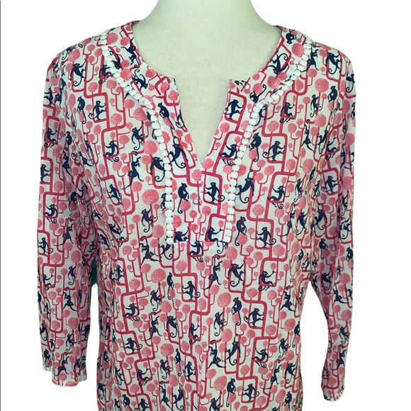 Talbots Monkey Print Pink and Navy Blue Tunic Top - M - Picture 4 of 15
